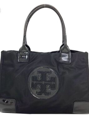 Tory Burch Black Nylon Tote with Patent Logo Trim